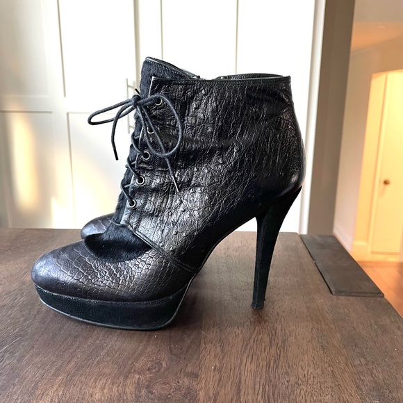 Stuart Weitzman 4.5” Platform Leather Calf Hair Booties Boots Pumps 7 - Picture 2 of 7